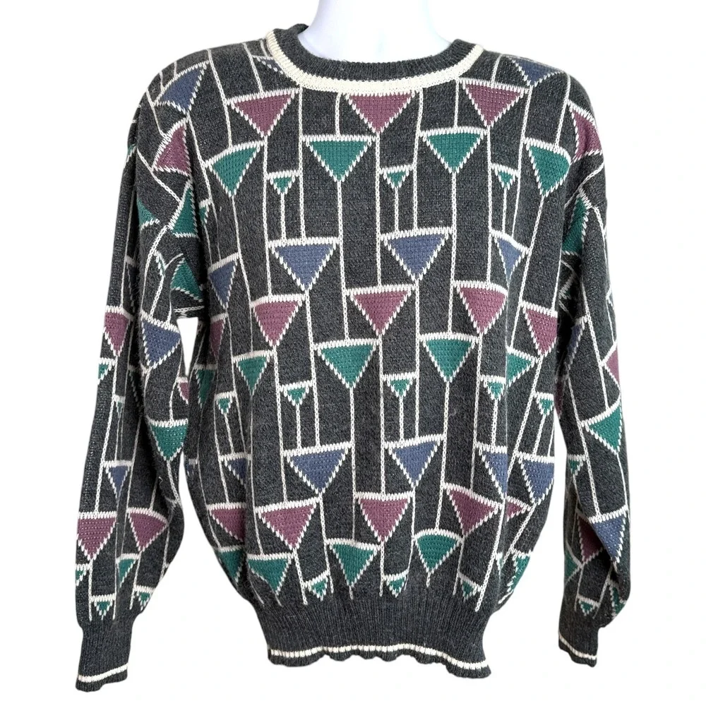 Vintage‎ Hennessy Mens Geometric Crewneck Sweater Sz L 90s Grandpa Core